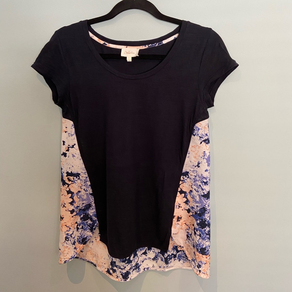 Anthro Deletta Navy Mixed Media Top, S